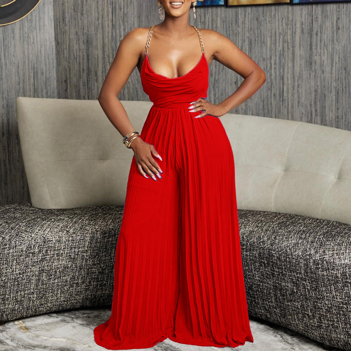 Women's Chain On Neck High Waist Pleated Wide-leg Jumpsuit