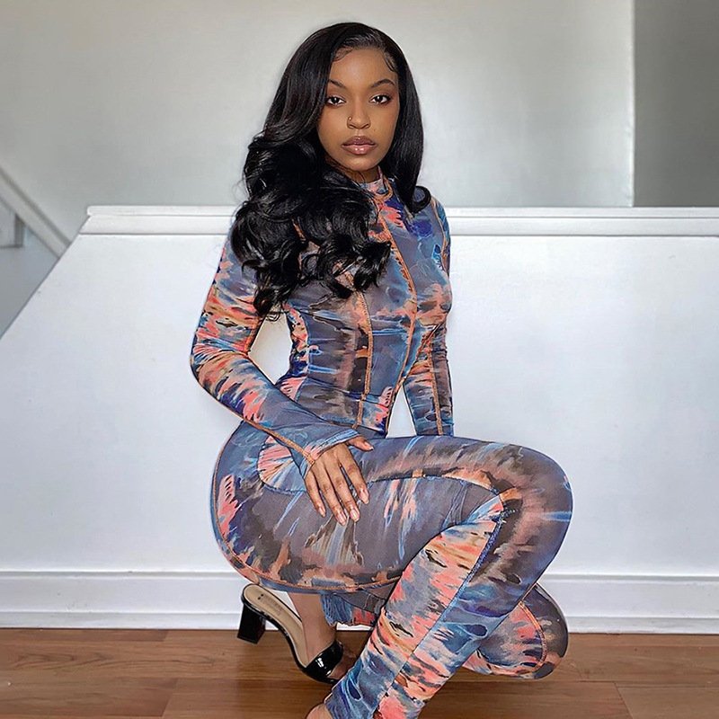 Blue Printed Long Sleeve Sports Jumpsuit for Women