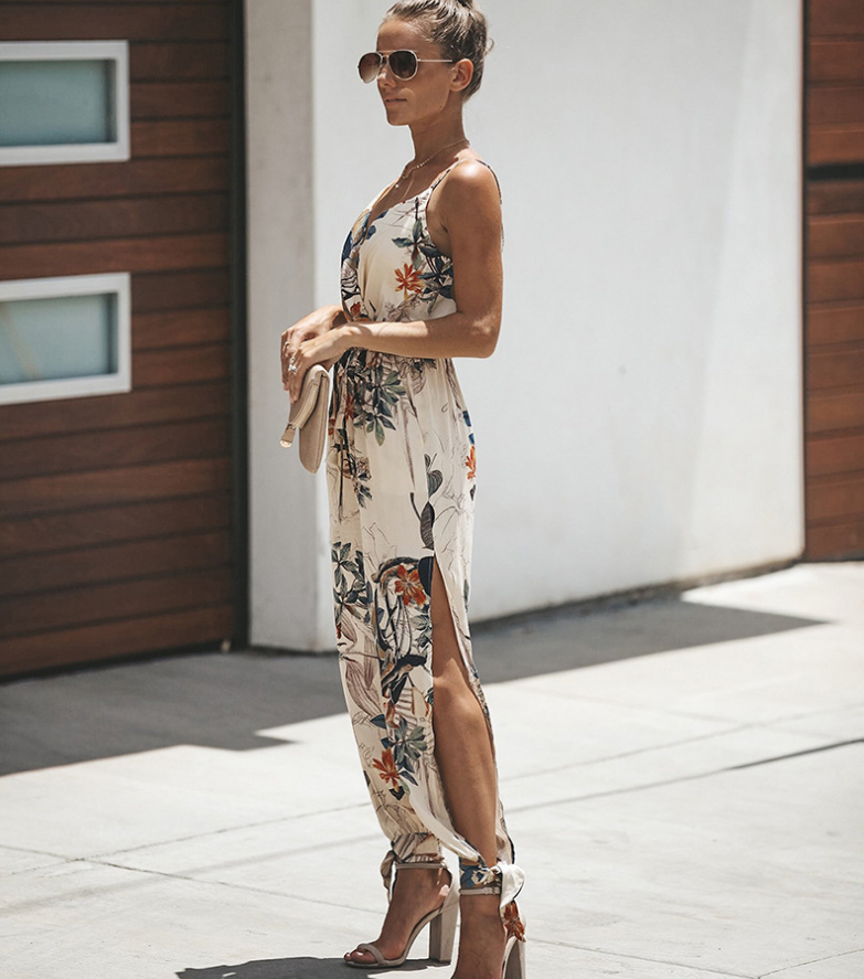 Sexy Backless V-Neck Printed Jumpsuit with Pockets