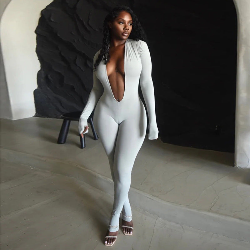 Sexy Backless Deep V Long Sleeve Tight Jumpsuit