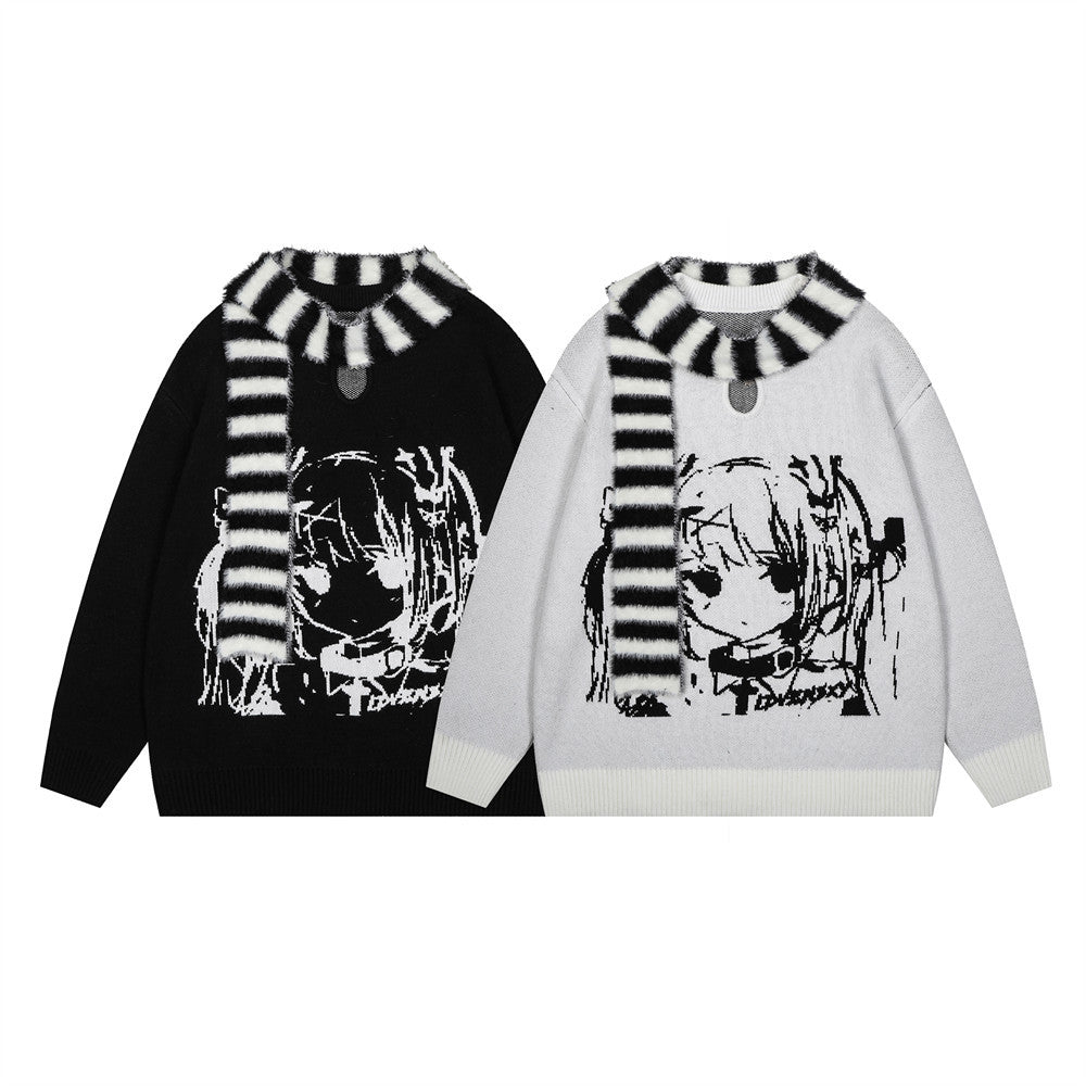 Anime Girl with Scarf Round Neck Sweater Men and Women Autumn and Winter Loose