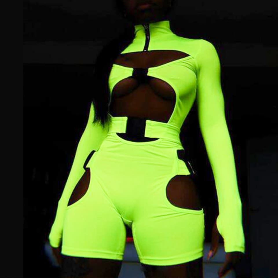 Fluorescent Green High Waist Jumpsuit with School Bag Buckle