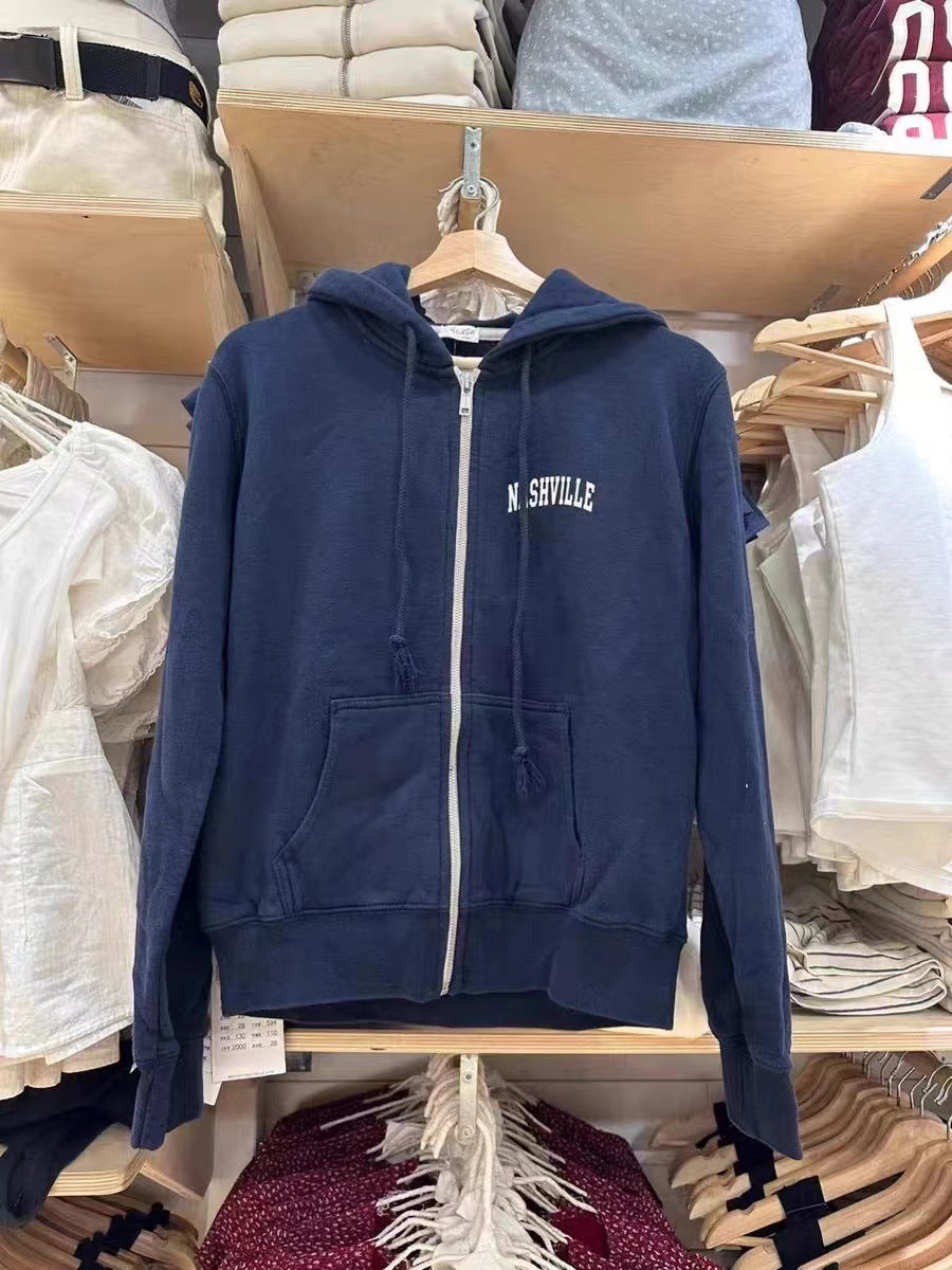 Women's Letter Print Zip-Up Hooded Slimming Cardigan