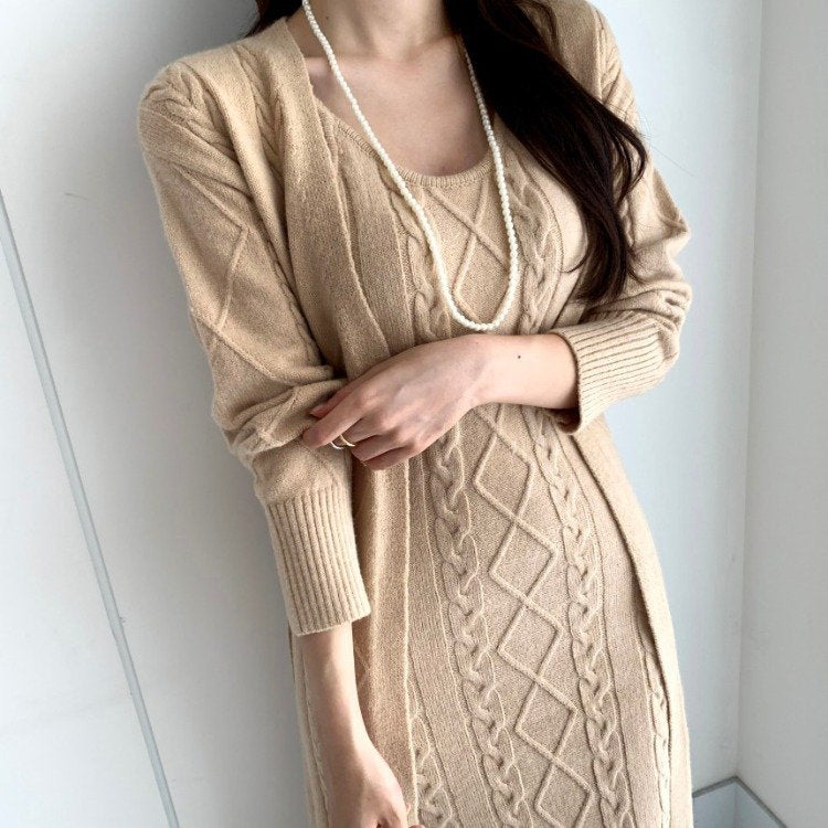 Linen Pattern Cardigan Sweater with Suspender Dress Detail