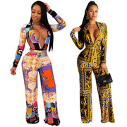 Fashion Digital Printing Long-sleeved V-neck Jumpsuit for Women