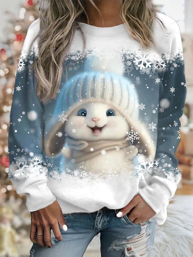 Cute Rabbit Print Round Neck Long Sleeve Sweater