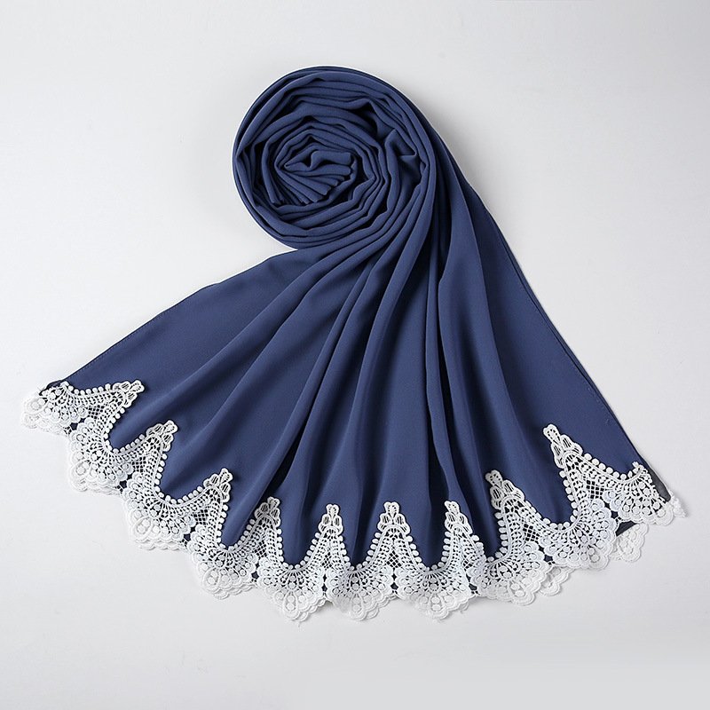 Soft Chiffon Scarf for Women, Artificial Silk Stitching Lace Scarf