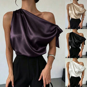 Satin Off-shoulder Asymmetrical Bow Blouse For Women