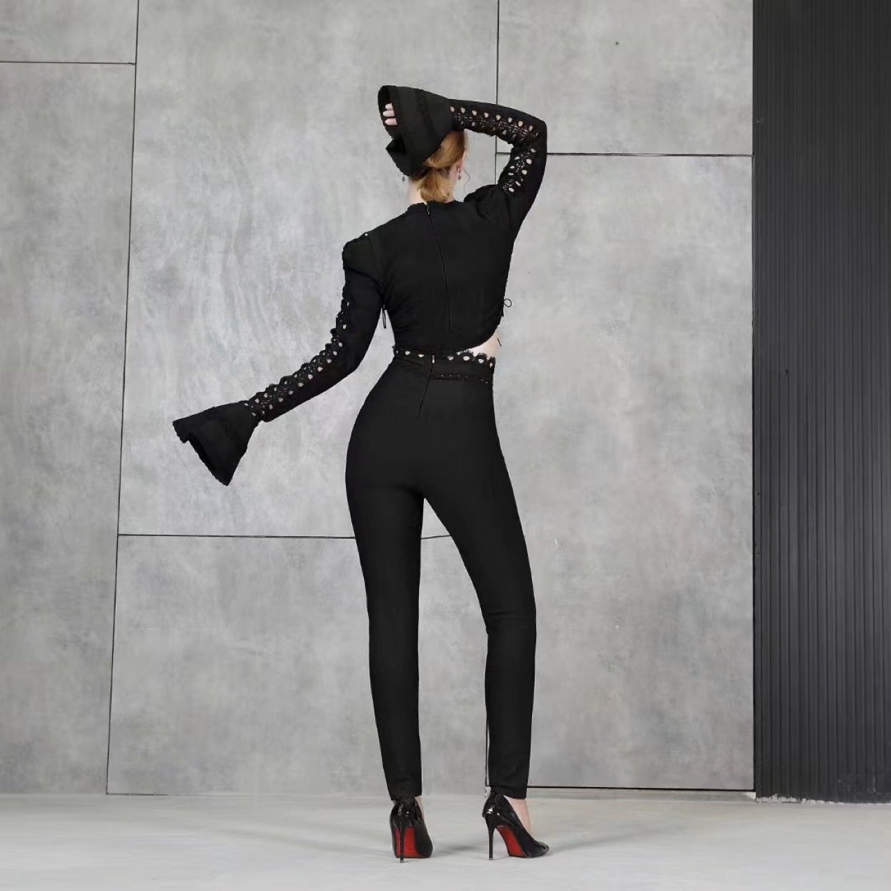 Split High-Waisted Jumpsuit with Long Sleeves