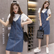 Mid-Length Denim Suspender Skirt for Students