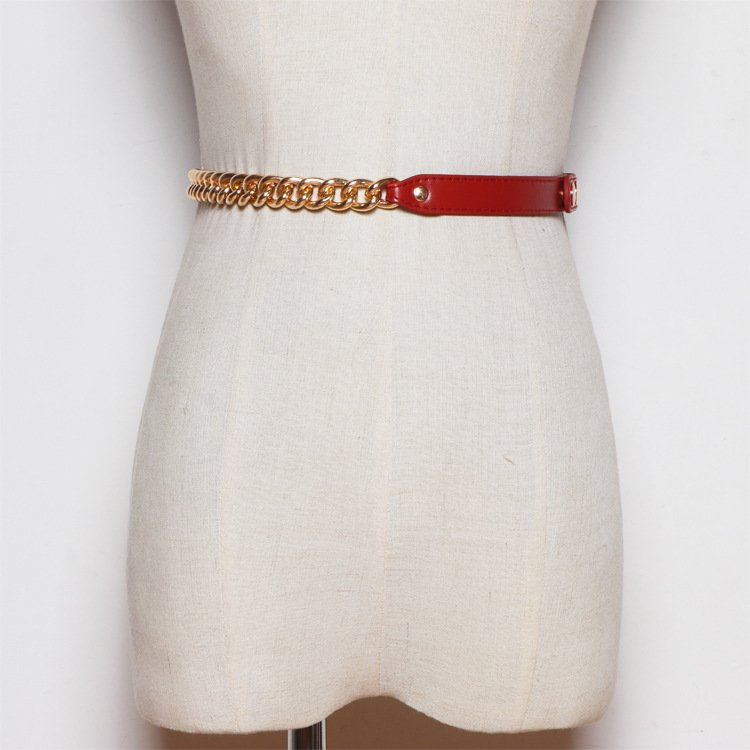 Wild Chain Belt for Women, PU Leather Waist Chain with Metal Stitching