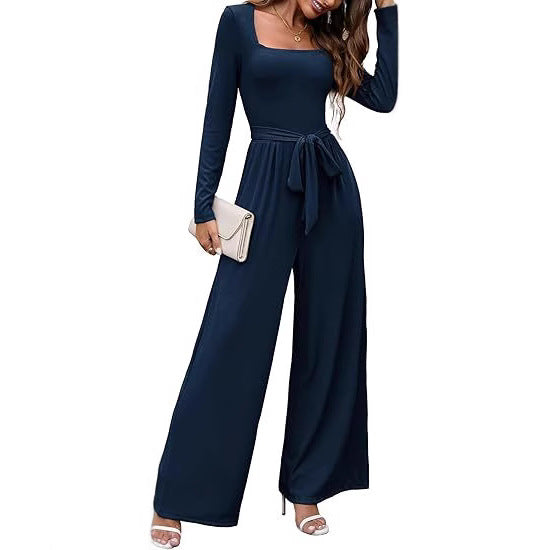 Chic Square-Neck Long-Sleeve Wide-Leg Jumpsuit with Belt