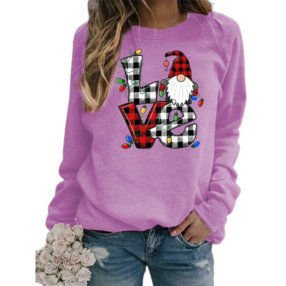 European And American Santa Claus Plaid Love Printed Round Neck Long Sleeve Sweater Coat Ladies