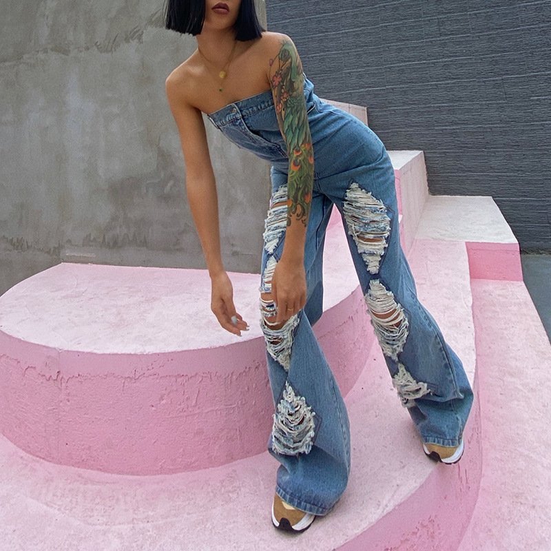 Western-Style High-Waisted Denim Jumpsuit for Women