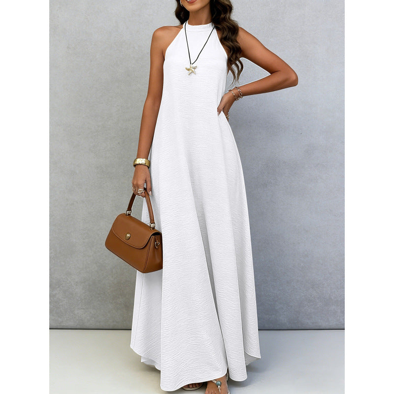 Womens Loose-fitting Plus-size Sleeveless Solid-color Dress