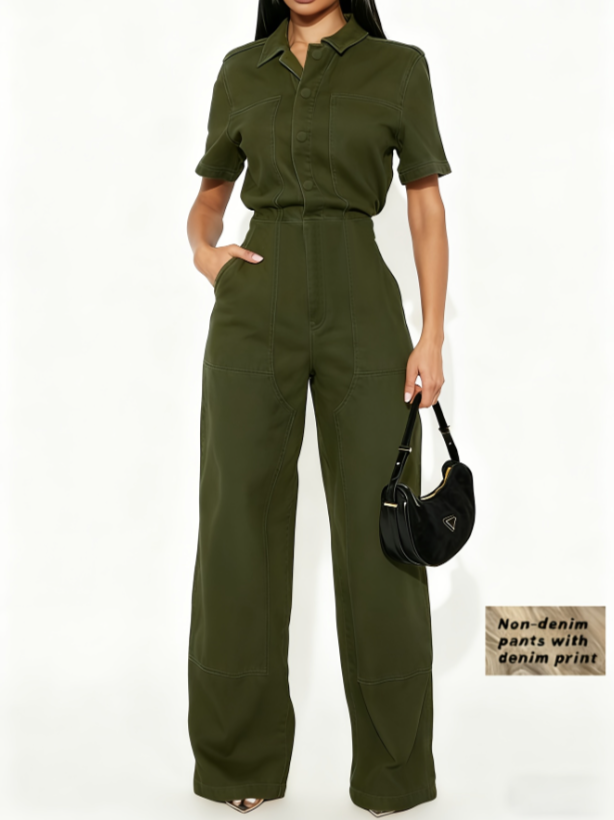 Workwear-style Short-sleeved Lapel Jumpsuit With Wide Legs