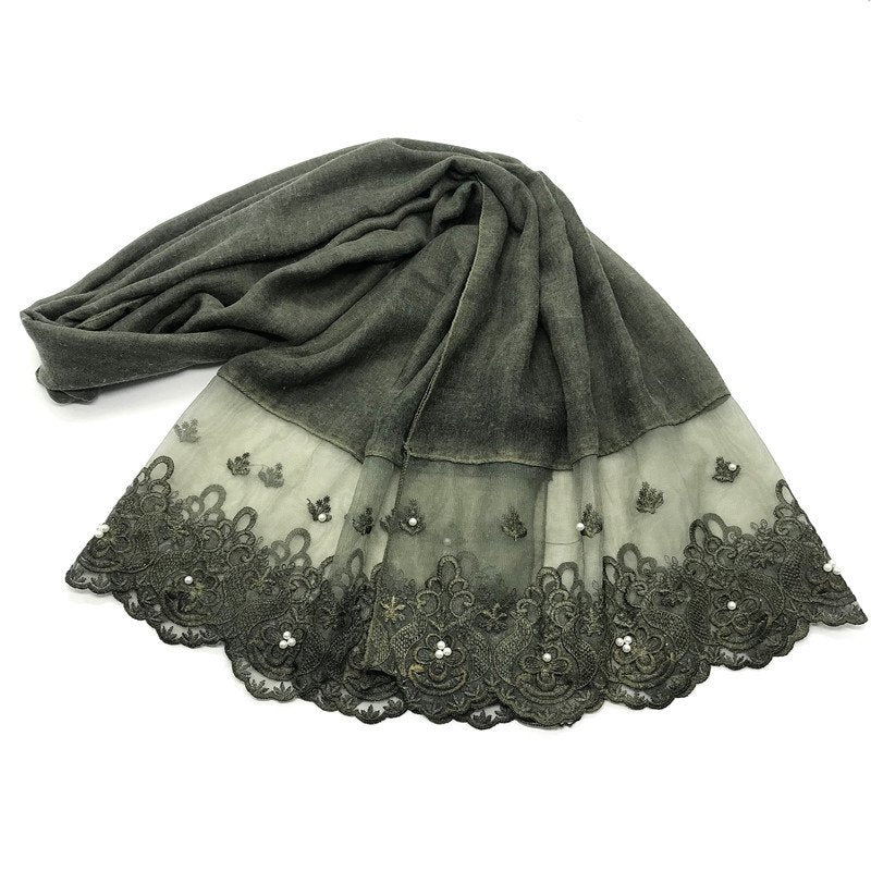 Elegant Lace Scarf for Women - Solid Color & Pearl Accents