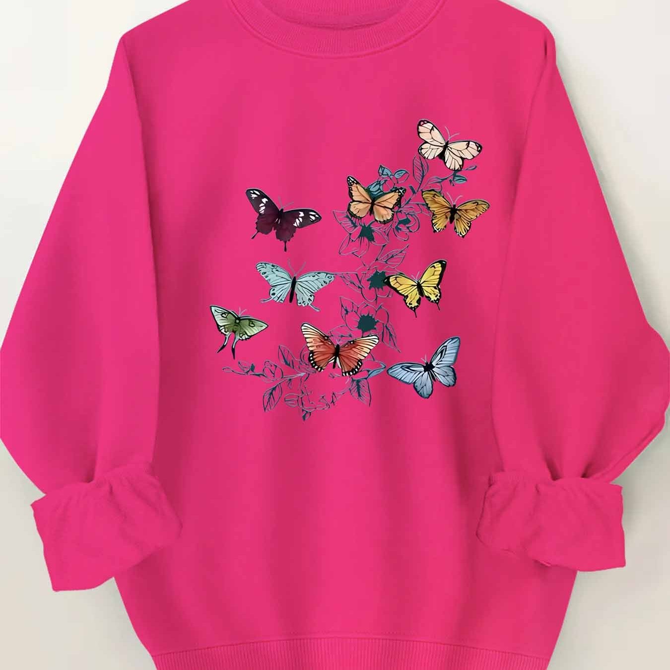 Women's Plus Size Butterfly Print Round Neck Sweatshirt – Size S