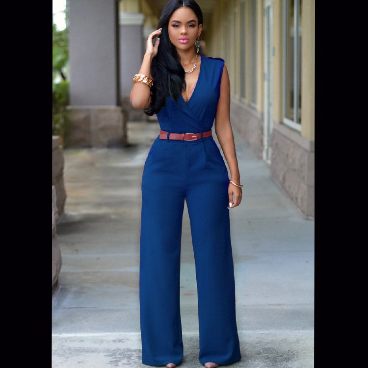 High Waist V-Neck Wide-Leg Pants Jumpsuit with Belt