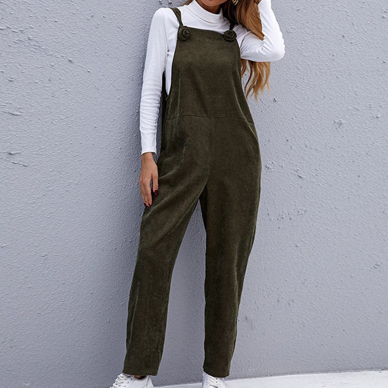 Casual Corduroy Jumpsuit for Women - Army Green