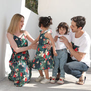 Mother-Daughter Romper Set - Green Sleeve Printed Long Dress