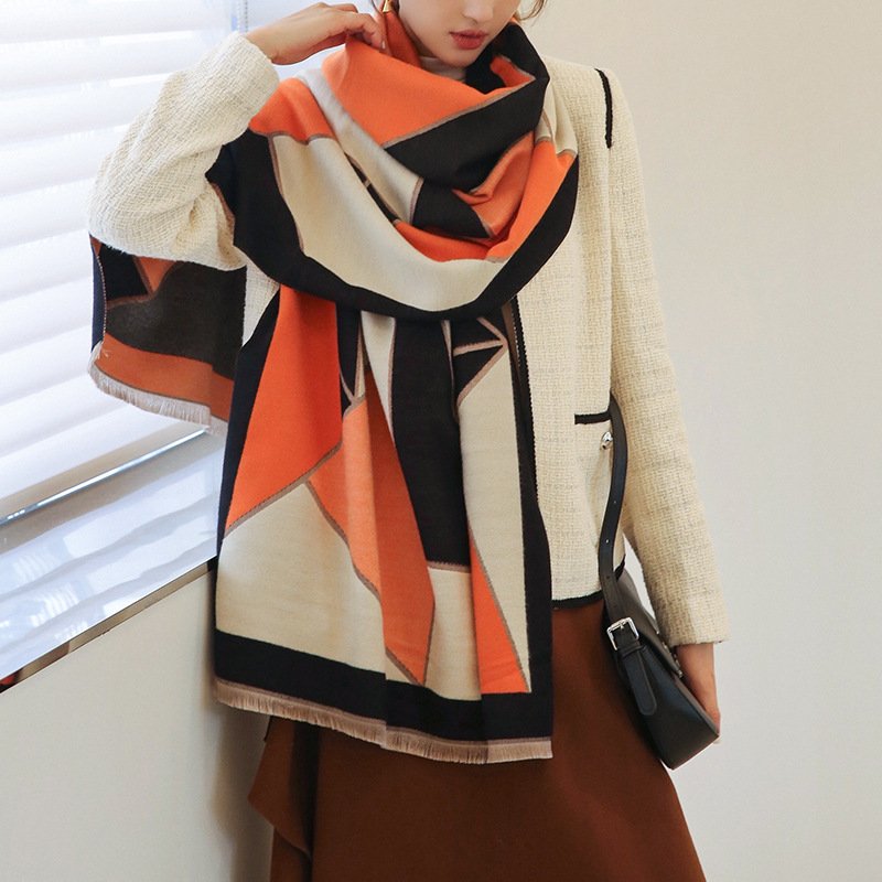 Warm Color-Blocking Cashmere Scarf for Women