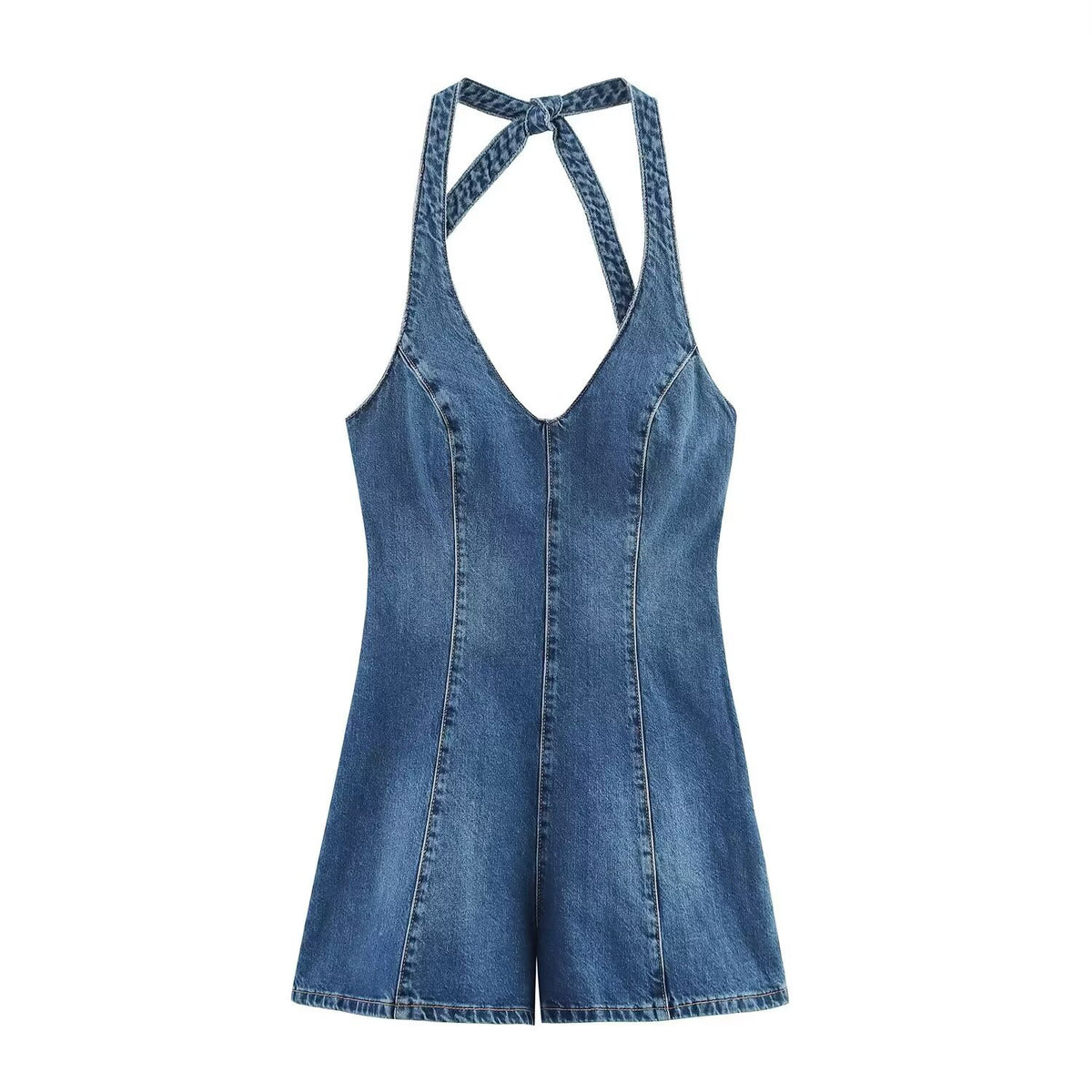 Women's Backless Halter Denim Jumpsuit Romper