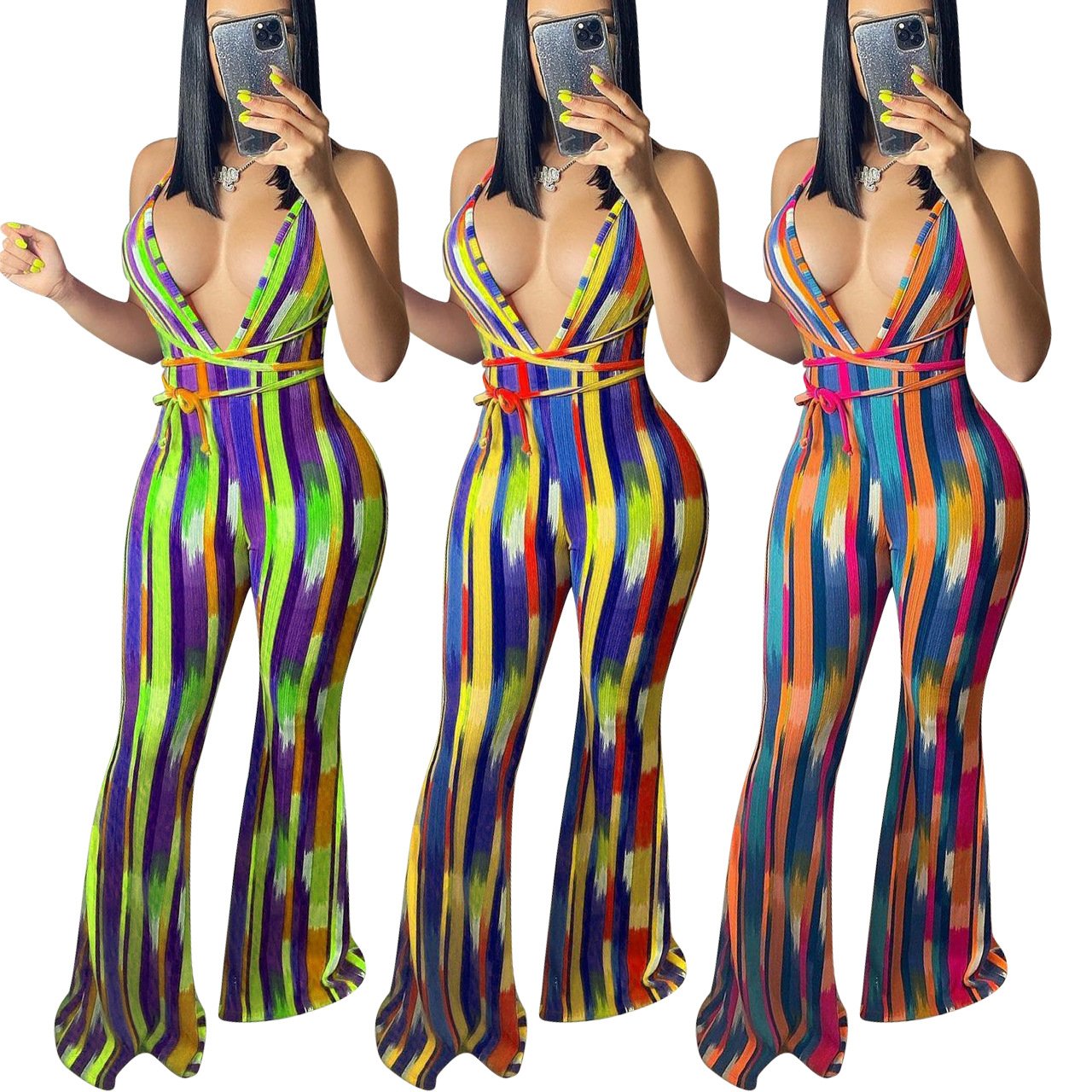 Striped Print Halter Flared Trousers for Women