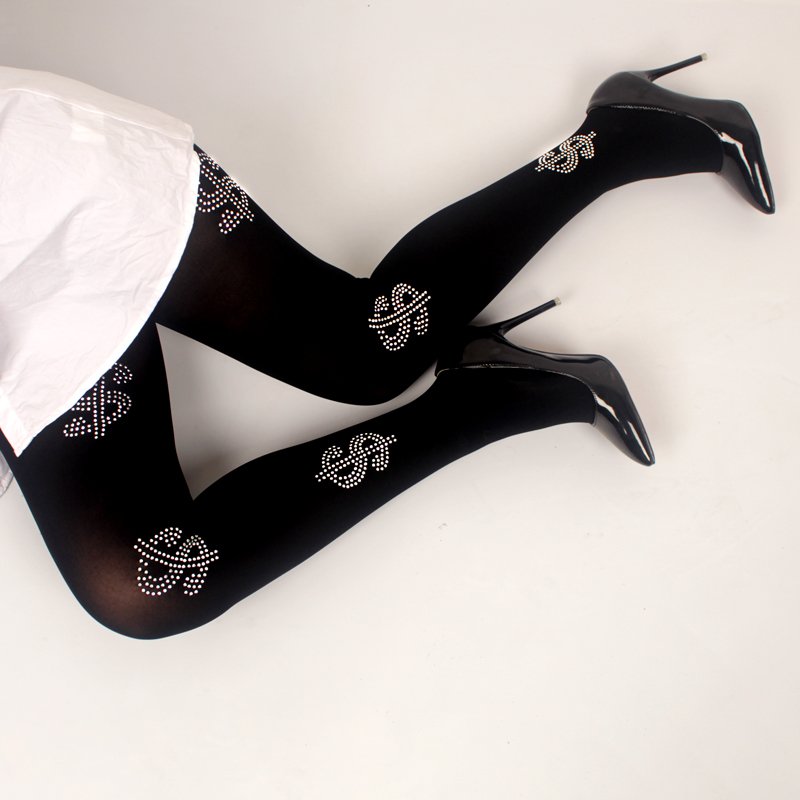 Thick Rhinestone Black Stockings for Women