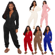 Warm Plush Hooded Jumpsuit with Ears for Women