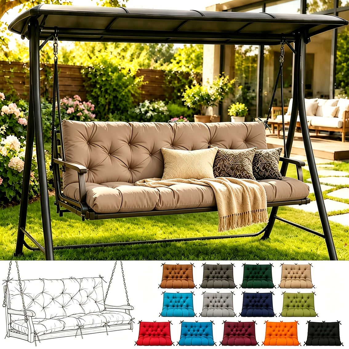 Porch Swing Cushions, Outdoor Replacement Cushions with Backrest, Waterproof Bench Cushion with Ties, for Patio Porch Garden Backyard, 5In 60 Inch 3 Seater, Sky Blue 60 X 40In 47 X 40In 40 X 40In