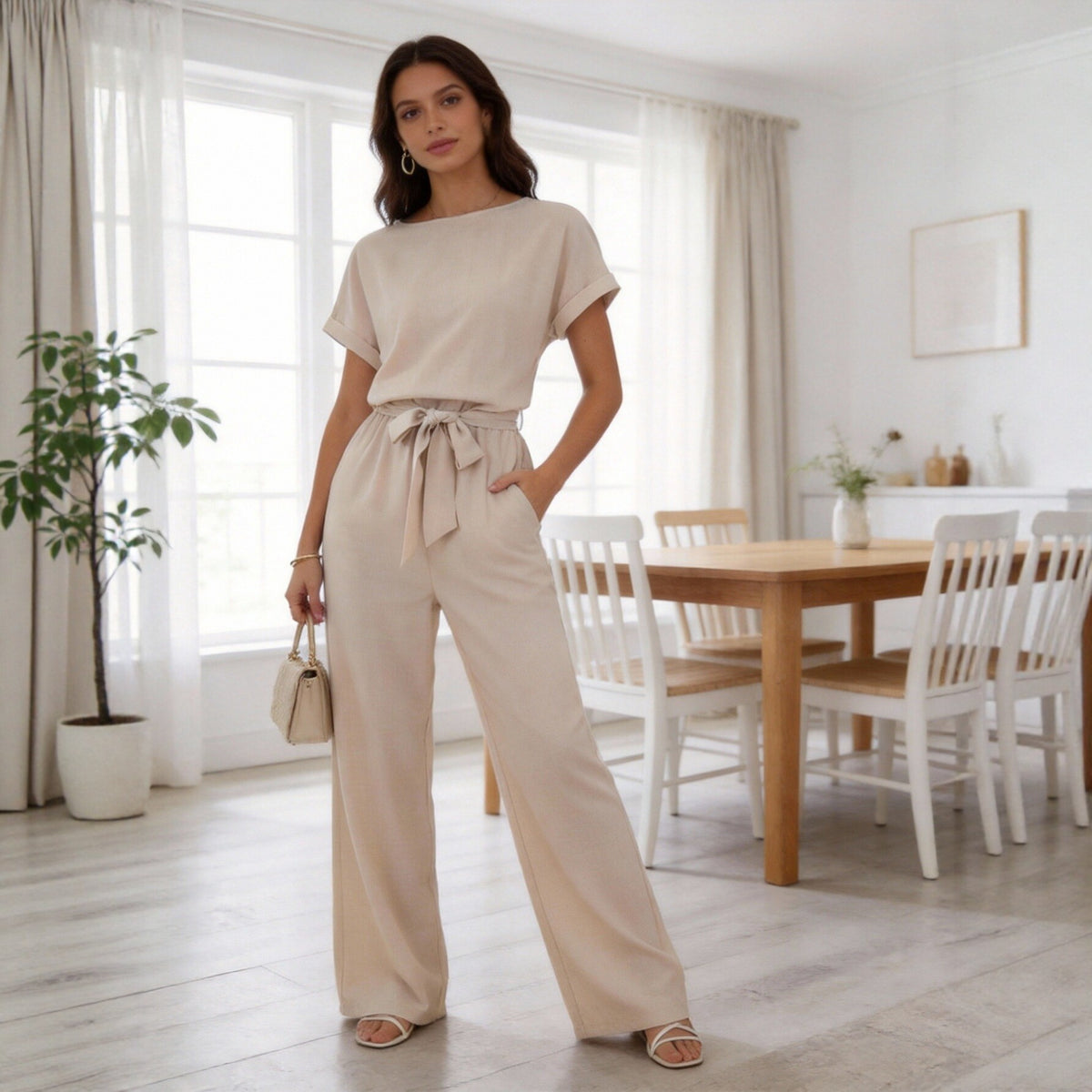 Casual Solid Color Drawstring Wide-Leg Pants