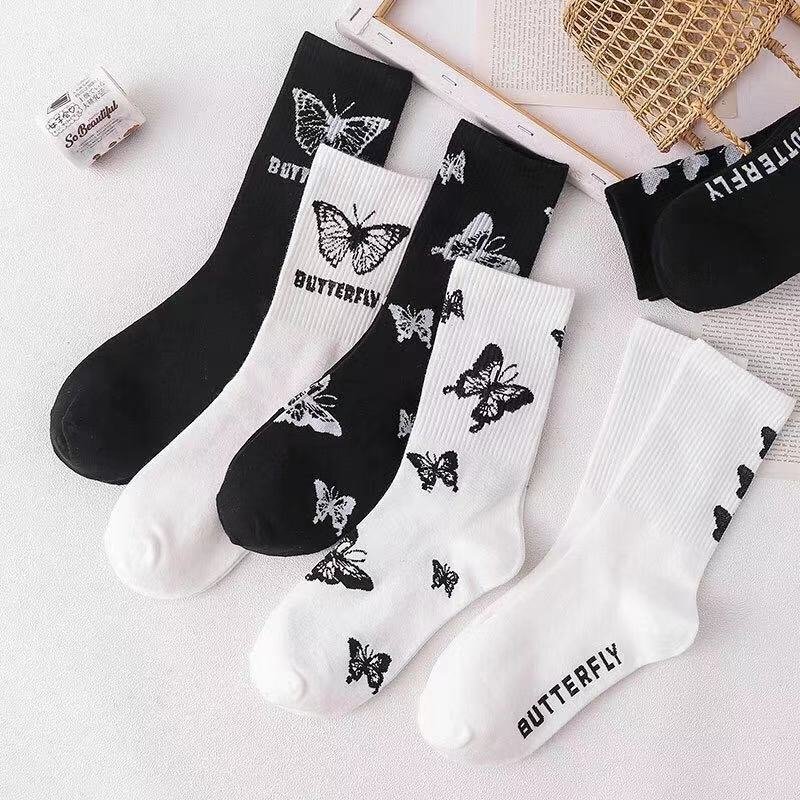 Black White Cartoon Butterfly Tube Socks for Women