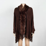 Warm Fringed Shawl Cardigan with Fur Collar