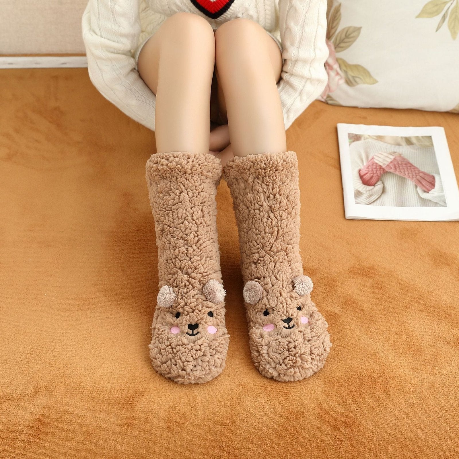 Soft Velvet Bear Embroidered Socks for Women