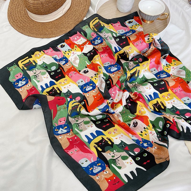 Square Silk Scarf with Cute Cat Design