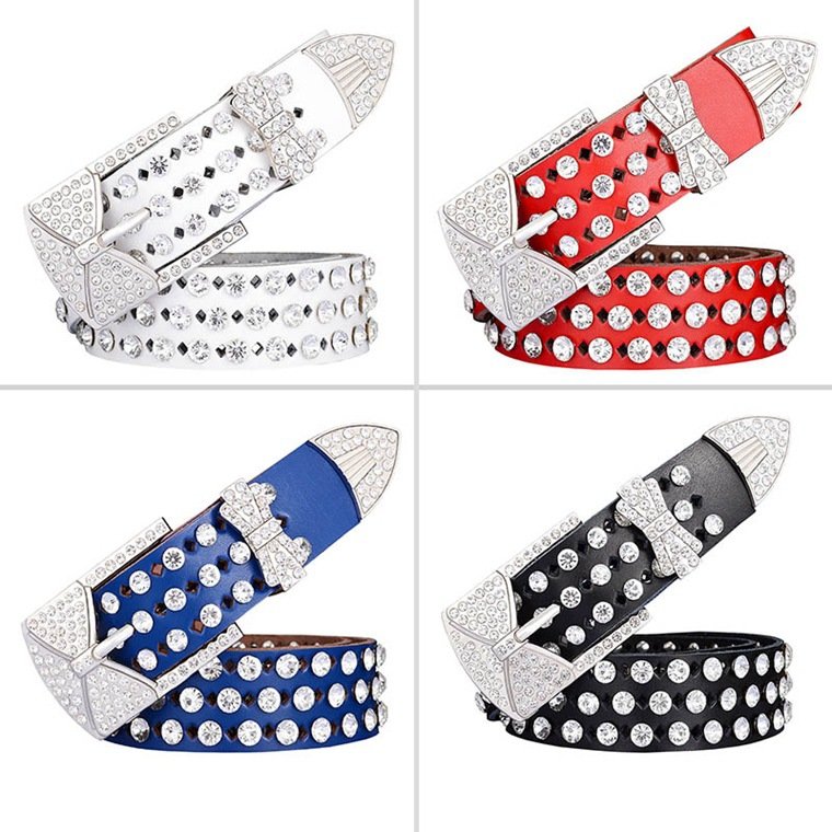 Elegant Women's Leather Belt with Rhinestones and Butterfly Pin Buckle