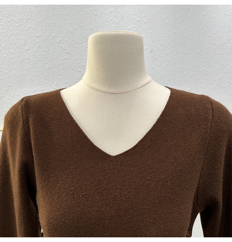 Knitted Long-sleeved T-shirt Women's Slim Bottoming Shirt Pleating Split Top