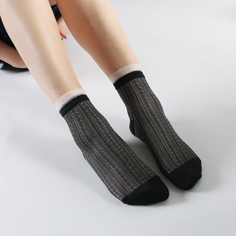 Breathable Women's Socks With Glass Silk Lace Hollow Mesh