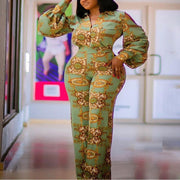 Green Off Shoulder Lantern Sleeve Stretch Jumpsuit