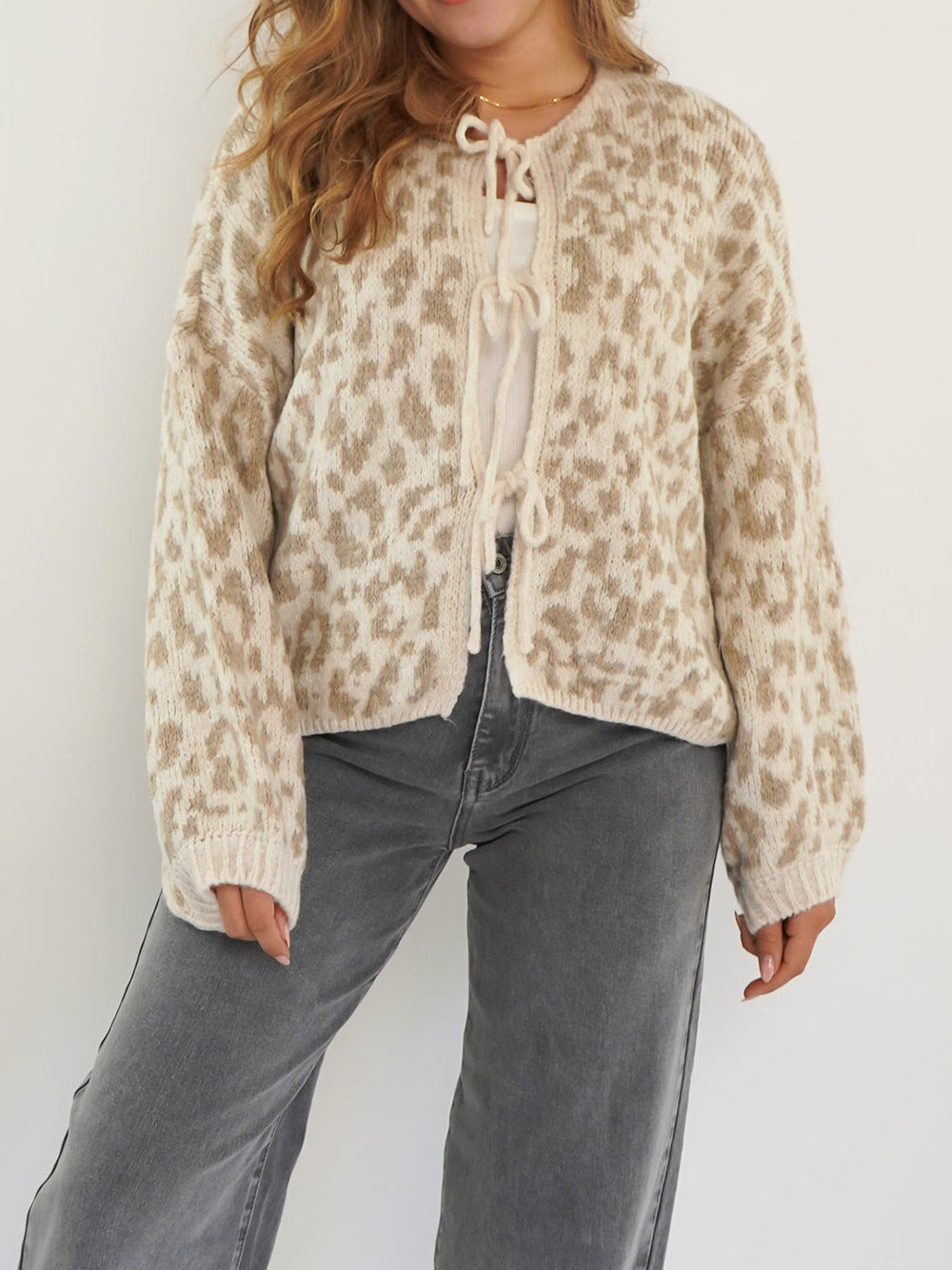 Round Neck Tied Leopard Print Knitted Cardigan Sweater