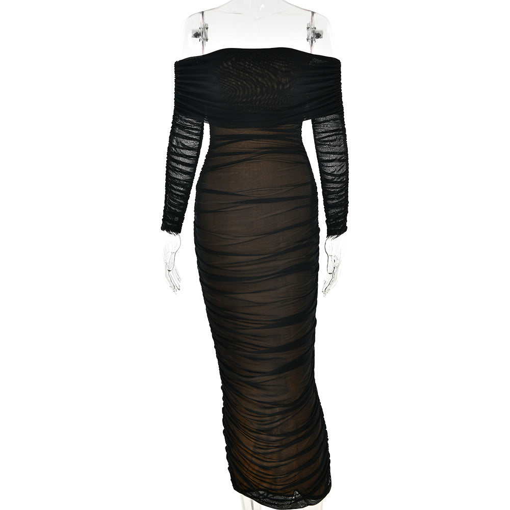 Mesh Off Shoulder Pleated Dress