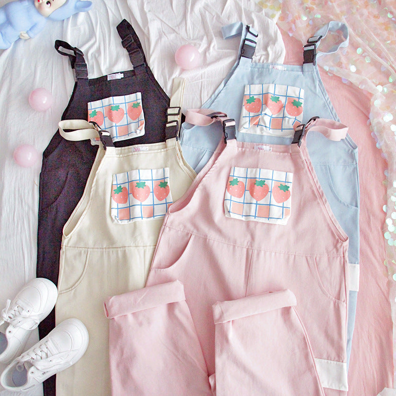 Girly Japanese small cream strawberry high waist jumpsuit