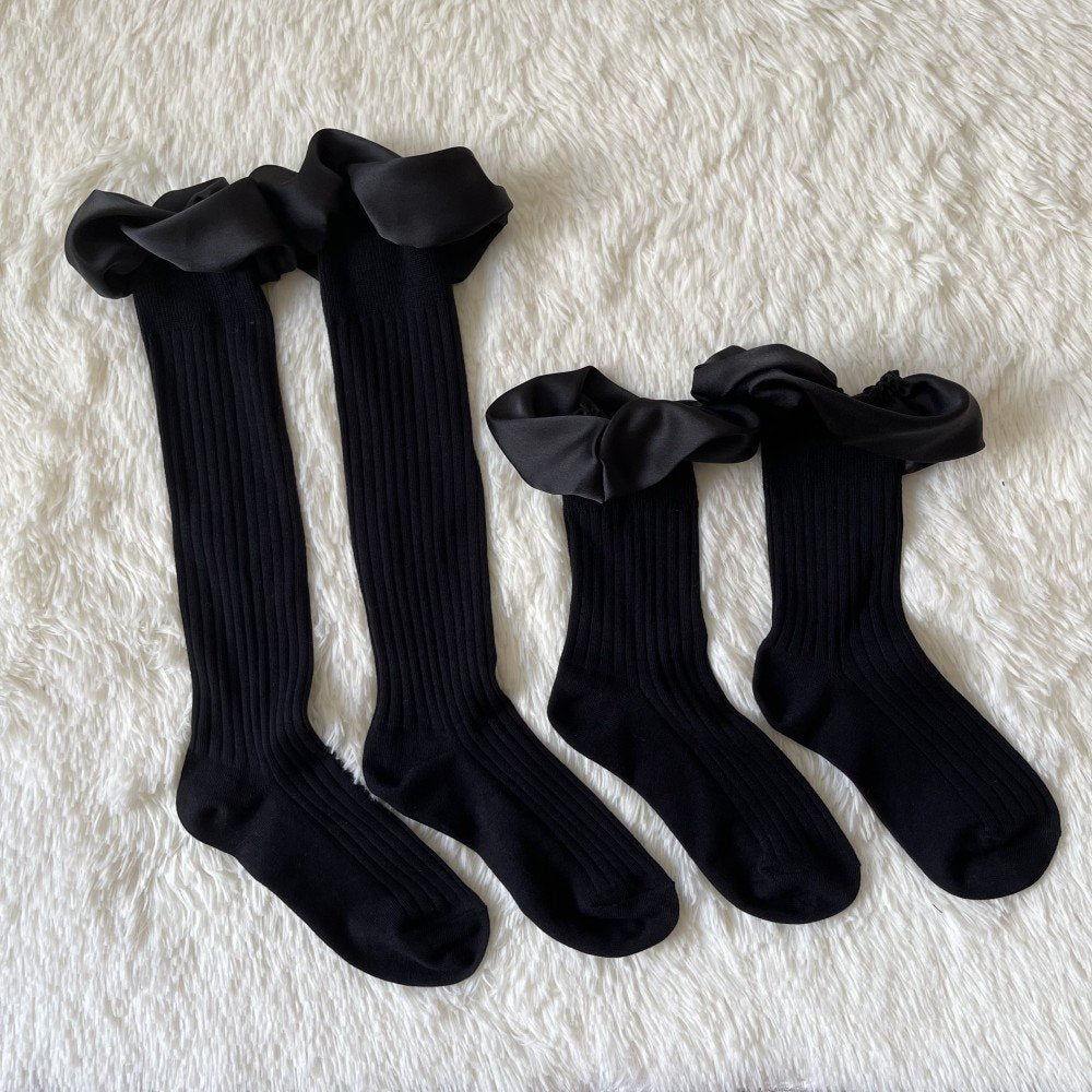 3D Rotating Bubble Lotus Lace Stockings - Pure Black Cotton Socks