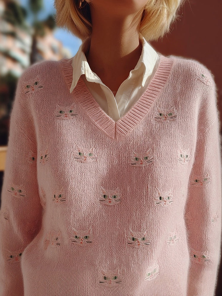 Womens Loose-fit Crew-neck Pullover Sweater with a Print Pattern