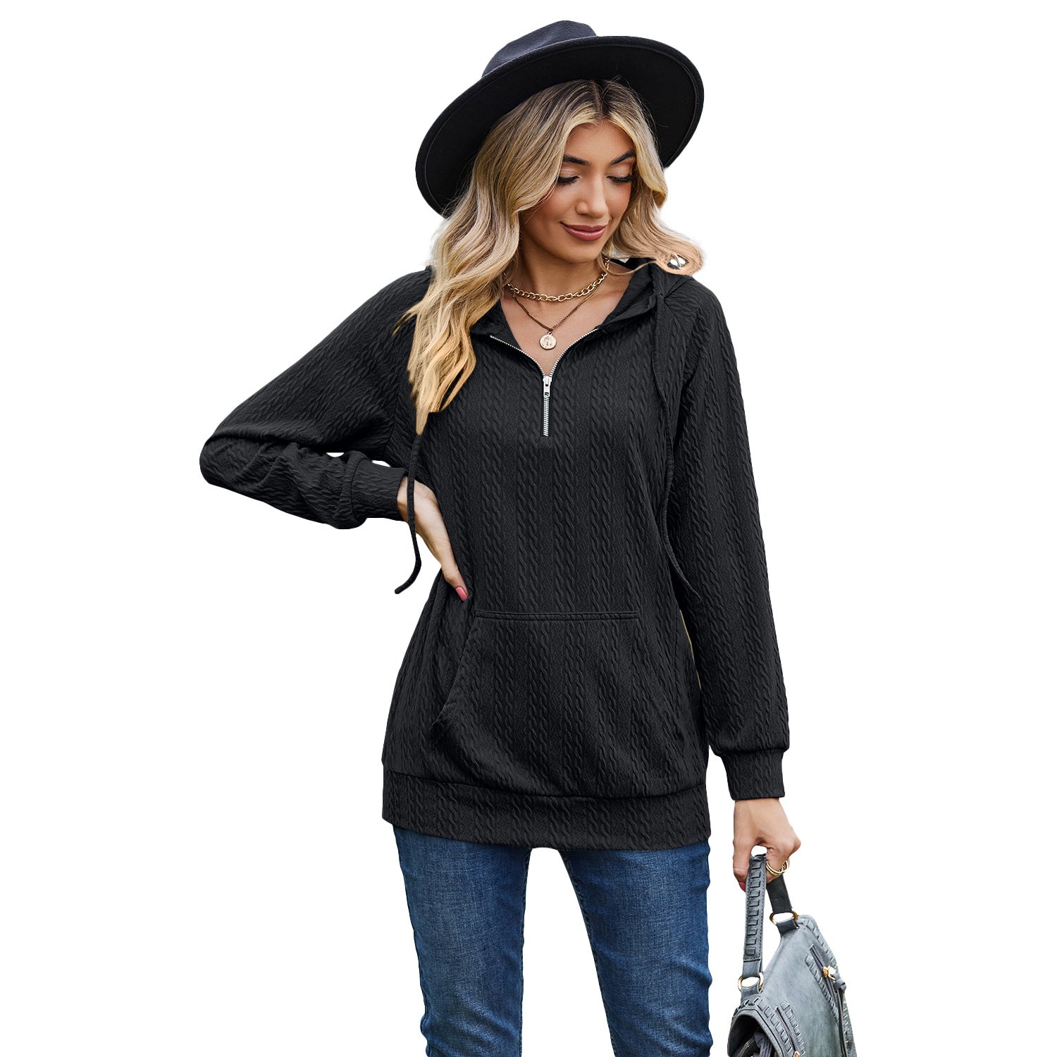 Cozy Solid Color Hooded Zip Sweatshirt for Women