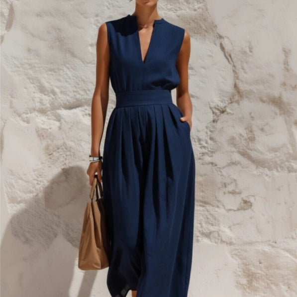 Sleeveless Pullover Solid-color High-waisted Loose-fitting Jumpsuit