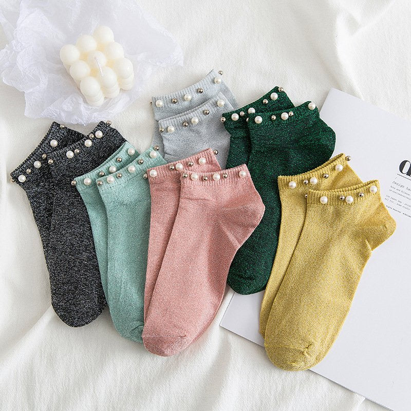 Elegant Pearl Boat Socks for Women
