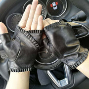Black Leather Ruffled Half-Finger Gloves for Women