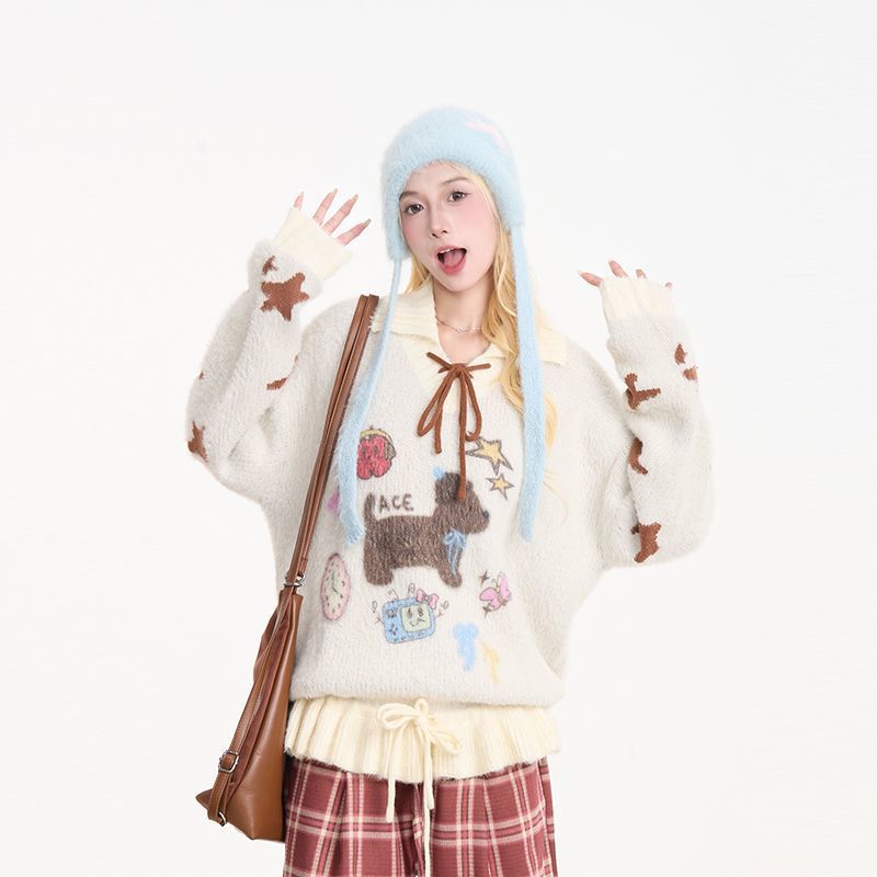Sweet Puppy Embroidery Sweater Coat for Women Relaxed-style Knitted Top